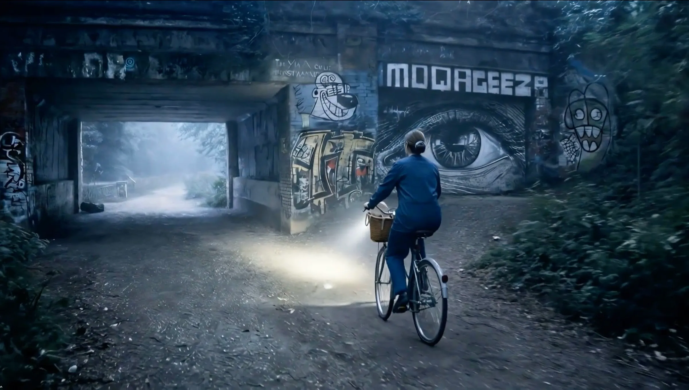 A lone cyclist riding towards a graffiti-covered railway bridge in the fog before dawn.