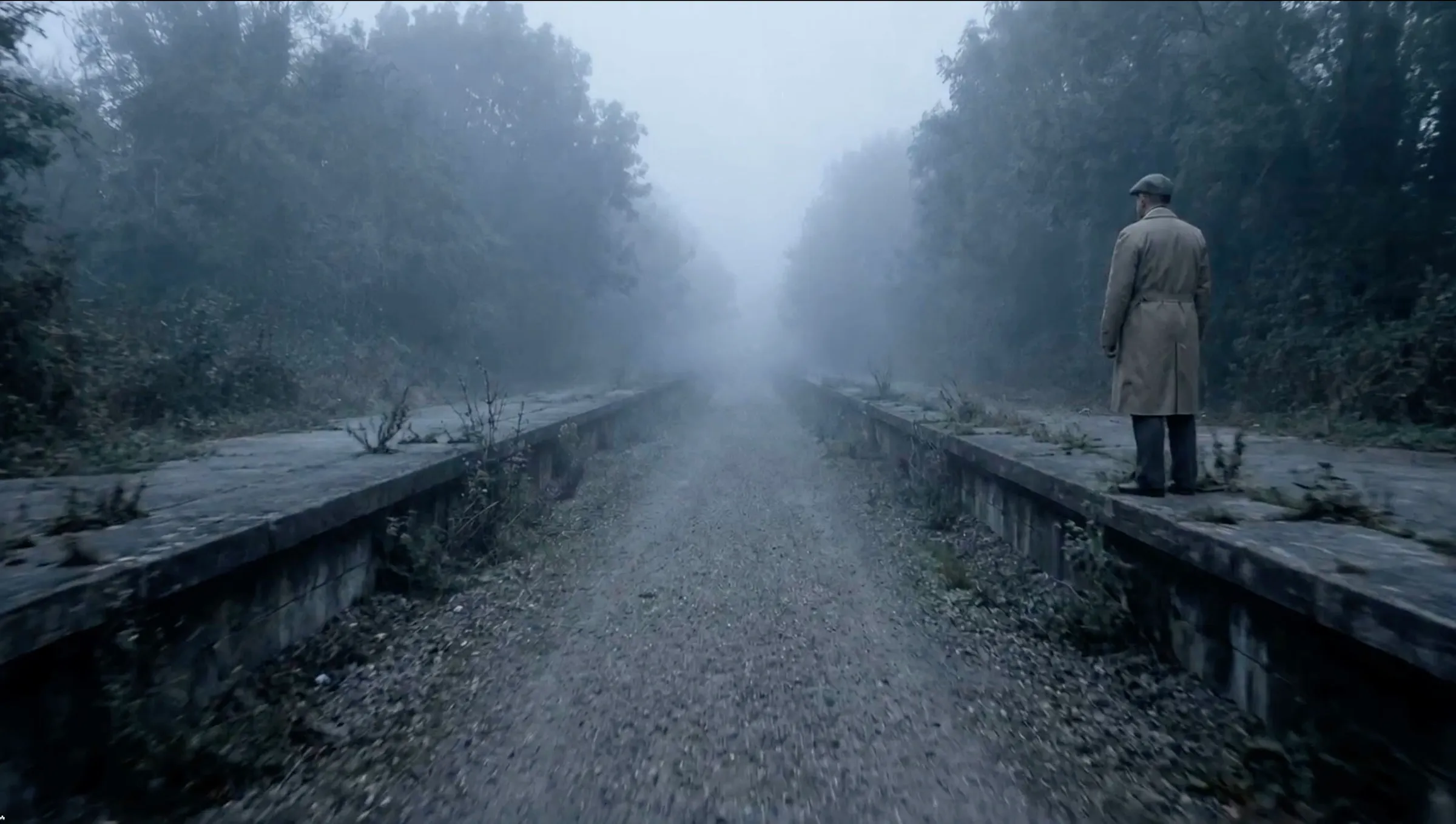 A man in a long coat standing alone on a derelict railway platform in the fog.