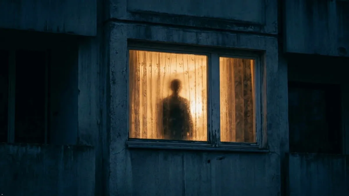 A single lit window in a dark block of flats, with a figure silhouetted behind the curtain.